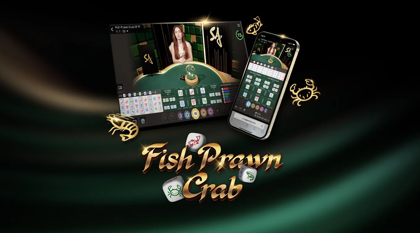 Fish Prawn Crab in Gold letters accompanied by desktop and mobile interface of the online casino game with live dealer.